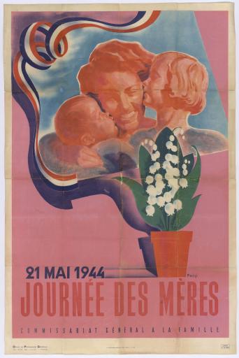 21 mai 1944, journée des mères / Phili, illustrateur [pseud. de Philippe Grach] ; Commissariat général à la Famille ; ORAFF (V.II.538).